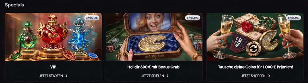 Casinova-Sonderangebote-Bereich mit VIP-Programm und Belohnungsmünzen-Austausch.