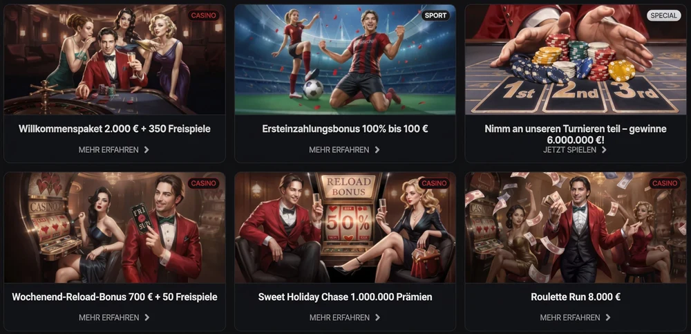 Casinova Werbedashboard zeigt verschiedene Willkommensboni und Veranstaltungen.